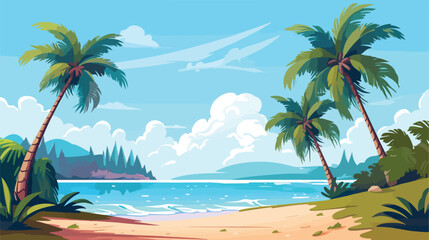 Fototapeta na wymiar Tropical beach with palm trees under blue sky .. 2d
