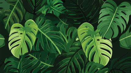 Tropical green leaves background .. 2d flat cartoon - obrazy, fototapety, plakaty