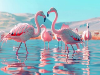 A Beautiful Scene of Flamingos Wading Through Shallow Waters in Nature's Serene Ambiance
