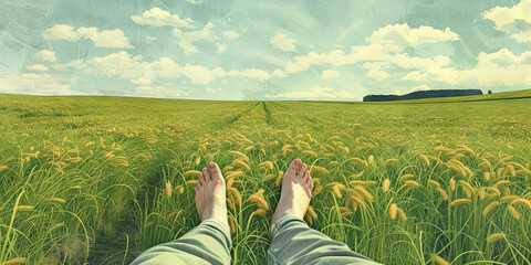 Rural Retreat: Feet strolling through countryside fields, enjoying the peaceful scenery.