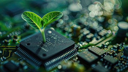 Circuit board with microchip processor technology and plant sprout on close up