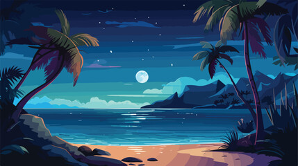 Tropical lagoon landscape at night. Calm sea or oce