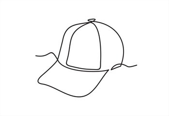 Single continuous line drawing hiking adventure cap hat, trip, travel, camping. Travel accessory, hiking clothes. Doodle element for design, print, card, sticker. One line draw vector illustration