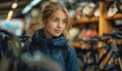 Young woman chooses mountain bike in the sports shop