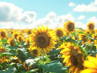 Fototapeta premium Field of Vibrant Sunflowers Basking in Warmth - Beautiful Nature Landscape Image