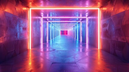 Stylish futuristic alien reflective concrete corridor tunnel with purple and blue neon lights hexagon floor background 3D illustration.