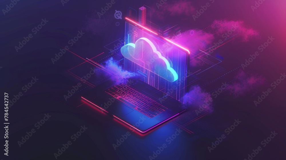 Poster Connecting a laptop to cloud storage for collaborative work. Working with a remote team and working with the project in shared access. Concept of an isometric infographic.
