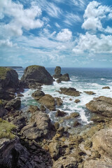 Belle-Ile in Brittany, seascape with rocks and cliffs on the Cote Sauvage, the needles of Port-Coton
- 784542715