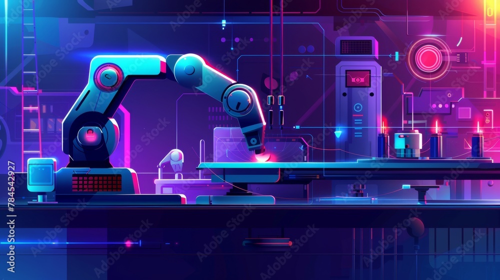 Poster An industry-4.0 concept banner shows an AI-controlled robot controlling a production line in a smart factory. Cybernetic AI automates the production process and collaborates with robotic arms.