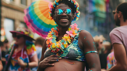 Happy black transgender pregnant man cradling baby bump at gay pride parade summer event celebrating differences. Inclusion equality & diversity at LGBTQ+ march. Rainbow colours - obrazy, fototapety, plakaty