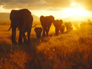 A Family of Elephants CrossingLandscape Together.