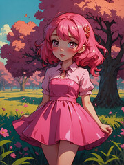 Cute Anime Girl in Pink Dress Fashion Illustration Background Pattern