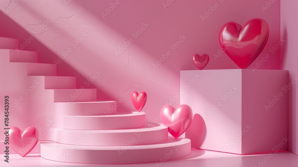 Poster A 3D rendering of an abstract display with steps and a heart. The background is Valentine's Day themed.