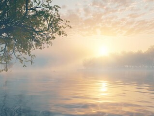 Dense Fog over Tranquil Lake at Dawn Reflecting Serenity in Nature