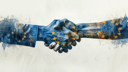 A minimalist image of two hands shaking, covered with a translucent European Union flag. Europe Day concept