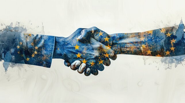 A minimalist image of two hands shaking, covered with a translucent European Union flag. Europe Day concept