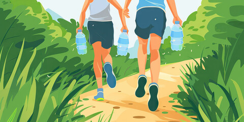 Outdoor Fitness Fun: Feet jogging on a trail, hands holding water bottles, staying active in nature.