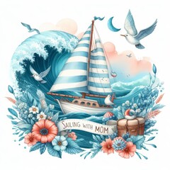Whimsical Sailboat Illustration with Floral Elements