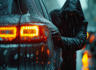 An stealthy thief in black hoodie and gloves breaking into the car with tools, closeup of hands holding crowbar trying to break door - obrazy, fototapety, plakaty