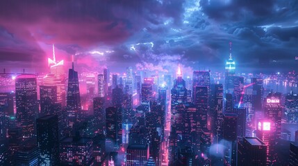 A large view of the futuristic night neon city. Modern cityscape with neon lights. Retrowave and cyberpunk style. 3D illustration.