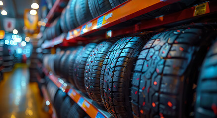 Tires for sale at tire store - obrazy, fototapety, plakaty