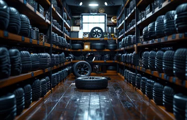 Fotobehang Car tires and wheels on the shelves in the store © Vadim