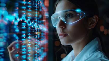 An augmented reality hologram of a woman doctor watching DNA samples in a laboratory using futuristic new innovations.