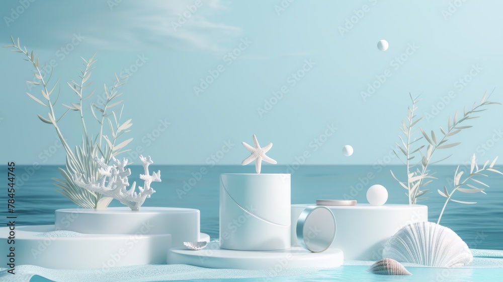 Poster this is a natural beauty podium backdrop with cylinder box for cosmetic product display. an abstract