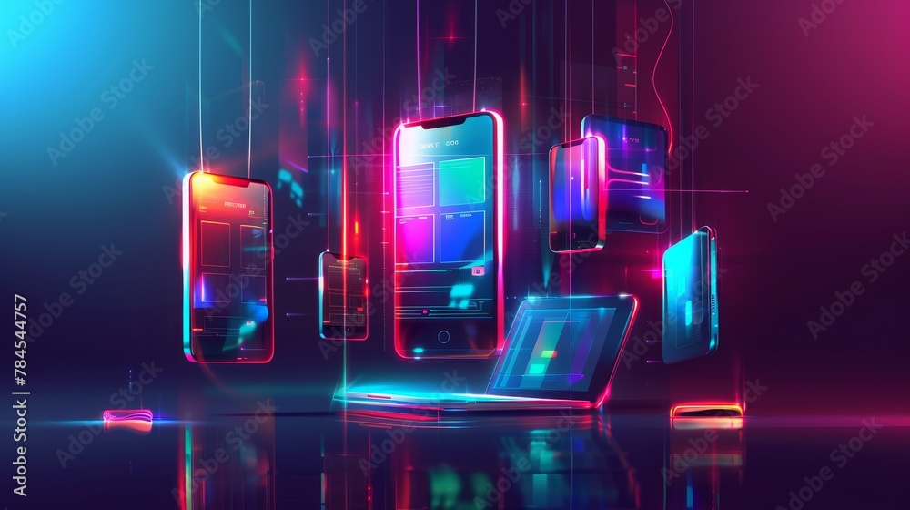 Leinwandbilder conceptual illustration of digital technology. smart phone, tablet, laptop hanging on the wall. deve