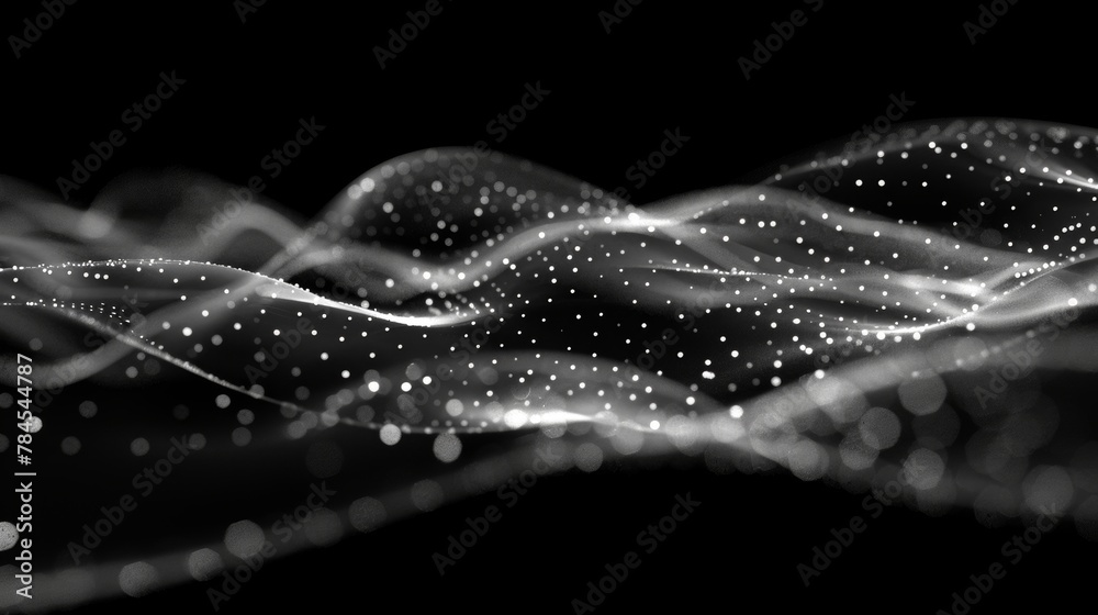 Poster Illustration of data technology with dots and lines connecting particles on a dark background.