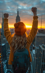 Woman traveler with backpack and hat on her head enjoys the sunset and the panorama of New York City from the roof - 784544708
