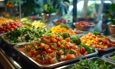 Variety of fresh vegetables are displayed in buffet. - 784544727