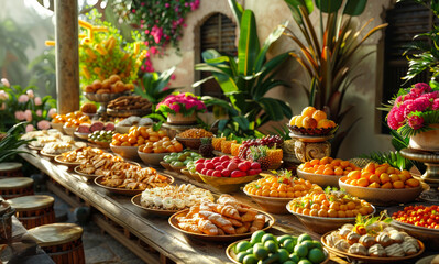 Exotic fruits and flowers on the buffet table - 784544763