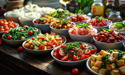 Various appetizers and antipasti on the table - 784544782