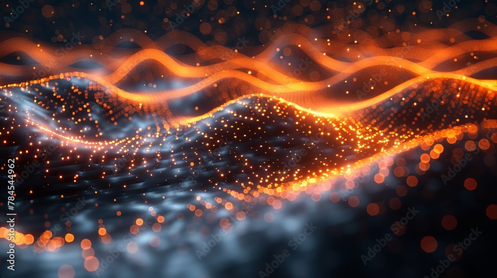 Poster Luminous particles moving in an abstract background. Digital technology. Rendering in 3D.