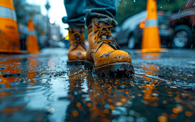Person walks on wet street in yellow work boots. - 784544911
