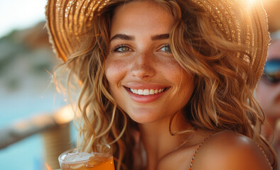 Close up of beautiful young woman with long curly hair drinking beer on the beach - 784544922
