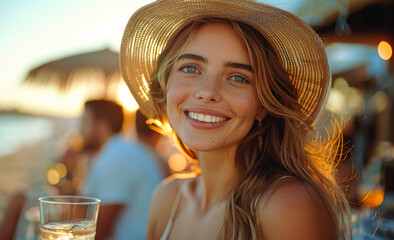 Young woman smiling and looking at camera while sitting at restaurant with glass of wine. - 784544942