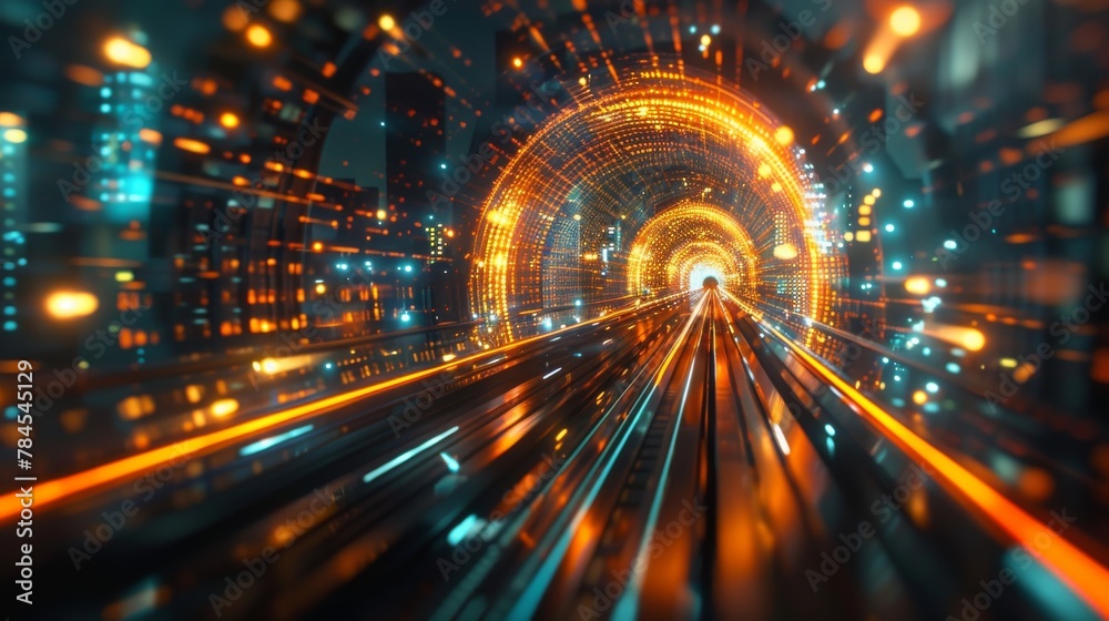 Poster 3D rendering of the hyper loop in a megacity at night with blurred lights from buildings' lights. Conceptualization of next-generation technology, financial technology, big data, 5G, machine