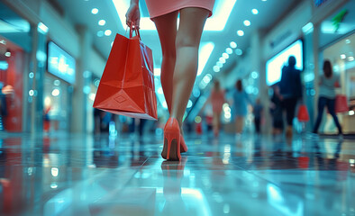 Woman walking in the mall with shopping bags - 784545114