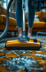 Woman cleaning carpet with vacuum cleaner in the living room - 784545143