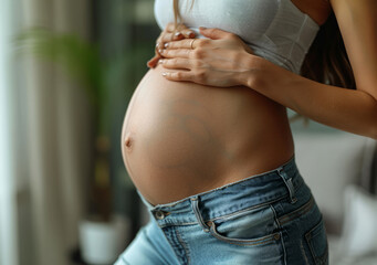 Cropped image of pregnant woman touching her belly while standing indoors - 784545159