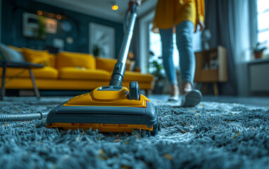 Young woman using vacuum cleaner while cleaning carpet in the living room at home - 784545160