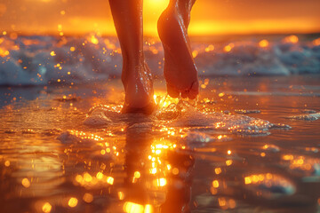 Woman walking on the beach at sunset - 784545173