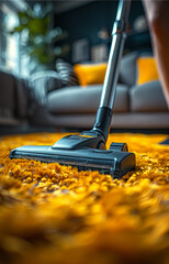 Vacuum cleaner and yellow carpet in living room - 784545177