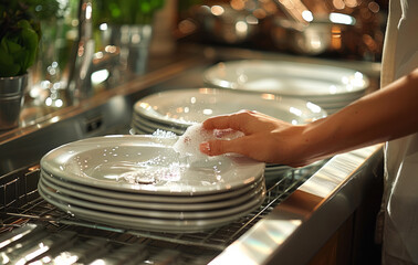 Woman washes dishes in the kitchen - obrazy, fototapety, plakaty