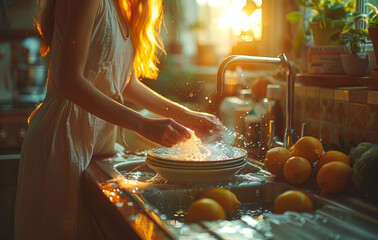 Young woman washing dishes in the kitchen sink - 784545321
