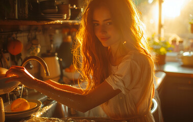 Beautiful young woman washing dishes in the kitchen - 784545334