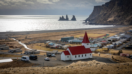 Beautiful church and cityscape in Vik in Iceland on march 23rd 2024