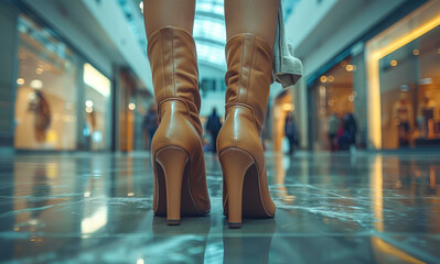 Female legs in shoes on high heels in the mall - 784545365